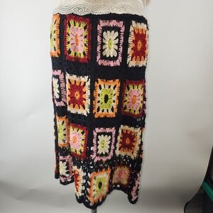 Chelsea & Violet Crochet Granny Square Midi Skirt Black Multi Color Womens L